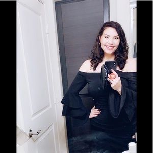 Black off the shoulder, pencil midi dress